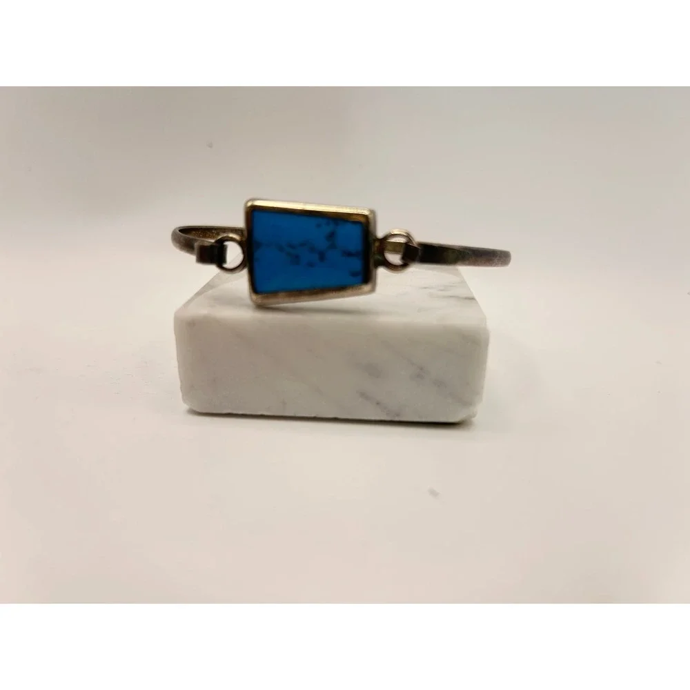 Vintage Mexican 925 Sterling Silver Blue Inlay Bracelet 6.5